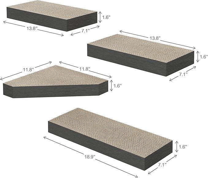 Way Basics Premium Cat Scratcher Floating Wall Shelf (4 Pack) (Charcoal Black)