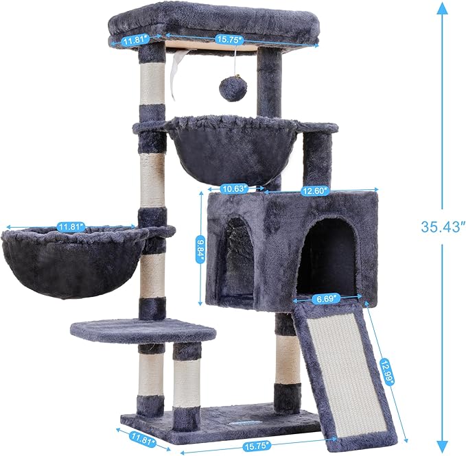 Hey-brother Cat Tree, Cat Tower for Indoor Cats, Cat House with Large Padded Bed, Cozy Condo, Hammocks, Sisal Scratching Posts, Big Scratcher, Smoky Gray MPJ006SG