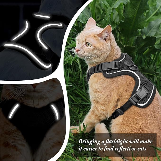 Cat Harness, Cat Car Harness and Leash for Walking, Escape Proof Soft Adjustable Vest Harnesses for Cats, Easy Control Breathable Reflective Strips Harness, Kitten Harness and Leash Set, Black, S