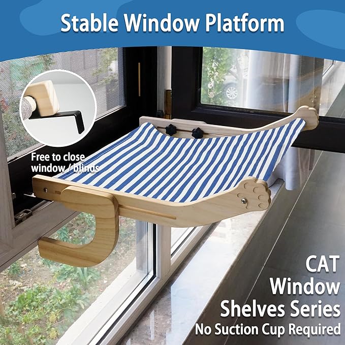 PETKARAY Cat Window Perch, Adjustable Cat Hammock for Windowsill, Indoor Window Shelves and Seat, Window Perch for Large Cats, Blue Stripe