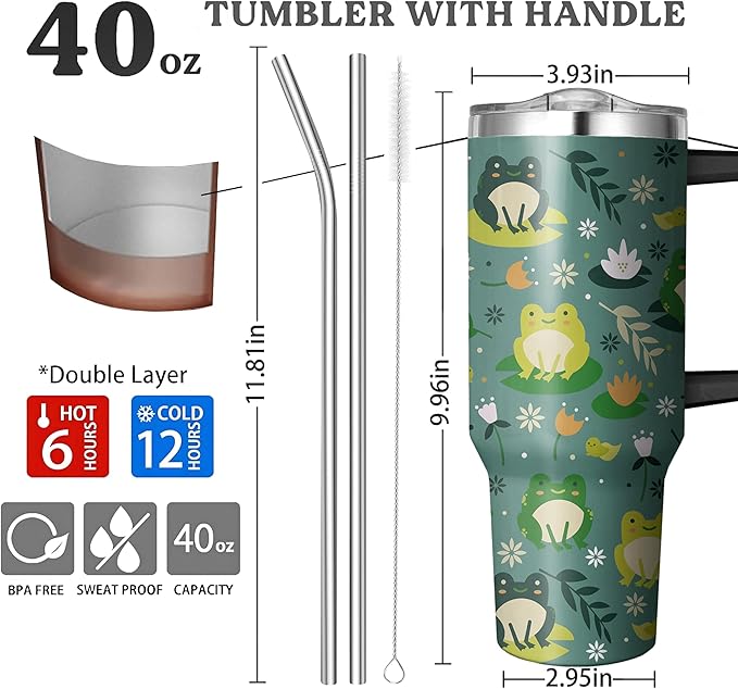 40 Oz Double Wall Frog Tumbler with Handle, Straw and Insulated Leak Proof Mug | Frog Gift for Women & Lovers