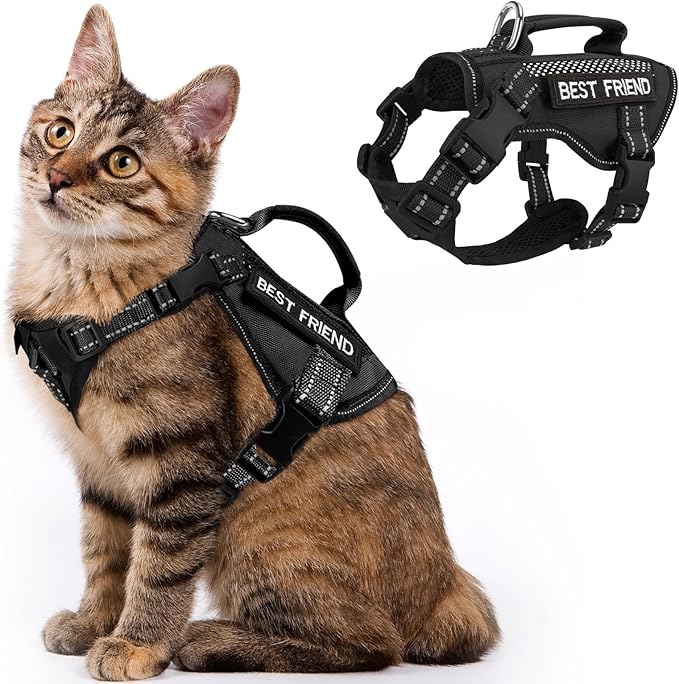 Tactical Cat Harness, Air Mesh Cat Walking Vest Harness Escape Proof, Reflective Extra Large Cat Harnesses with Handle for Adult Fat Cats (Black, XL)