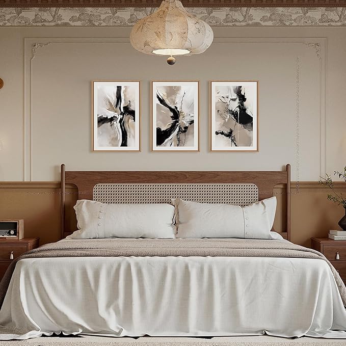 Abstract Black Brown Framed Canvas Wall Art Set, Beige Black Shapes Wall Decor, Neutral Color Block Wall Painting, Minimalist Brush Stroke Art Prints for Living Room, Bedroom, Office 16"x24"x3