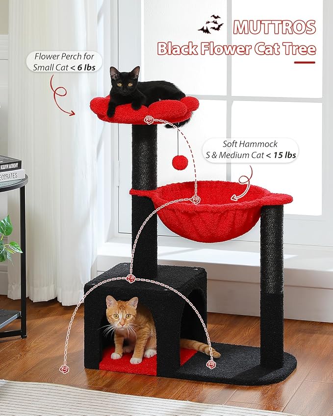 Flower Cat Tree with Black Scratching Posts, 35" Gothic Cat Tower with Large Metal Frame Hammock for Small Indoor Cats, Coffin Cat Condo with Cute Perch for Kittens Halloween, Black
