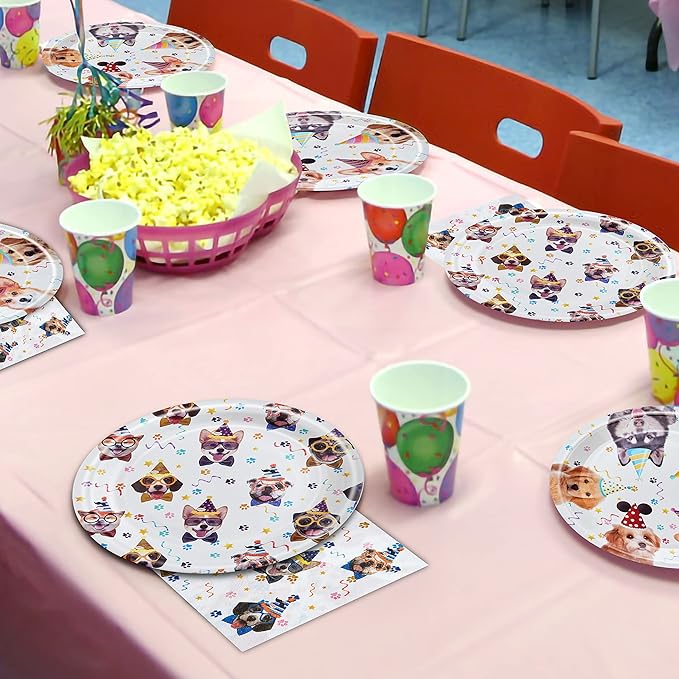 96 Pcs Dog Birthday Party Plates Napkins Forks Supplies Tableware Set Disposable Paper Dog Theme Decoration for Kids Birthday Party, Serves 24 Guests