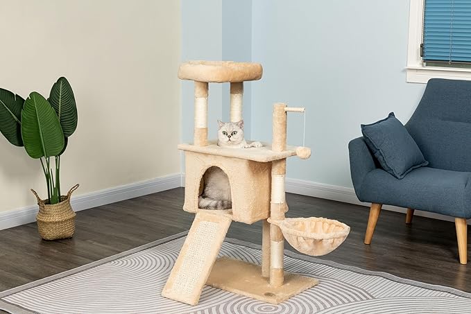 Go Pet Club Everyday Value 38in Cat Tree Tower Cat Condo Comfy Large Perch, Scratching Posts, Scratching Board, Dangling Ball, Cat Play Tower for Cats and Kittens, Beige