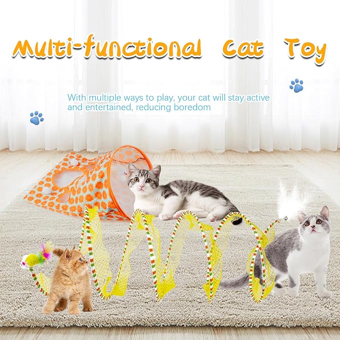 2 Pcs Cat Tunnels for Indoor Cats - S Type Foldable Cat Spiral Tunnel Toy, Decompression Interactive Self-Play Cat Hunting Spiral Tunnel Cat Drill Bag with Plush Ball Cat Toys