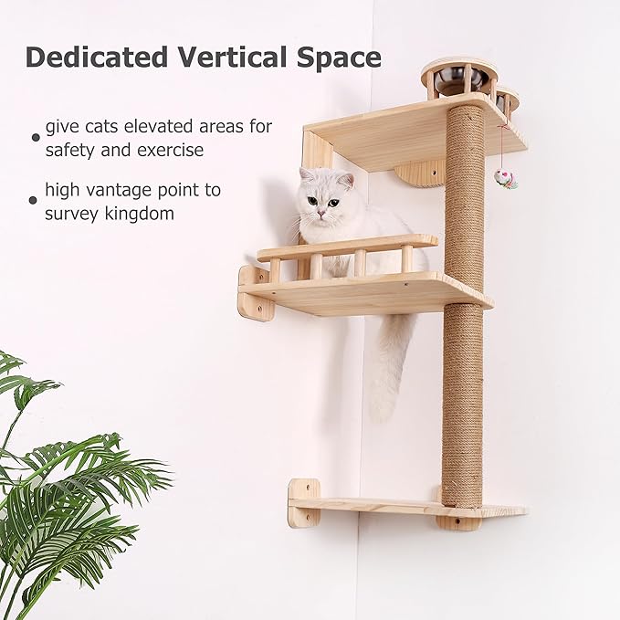Wall Cat Tree with Feeding Station, 3-Levels Corner Shelf for Indoor Kitten Perching and Climbing, 36" Wooden Mounted Tower Playground