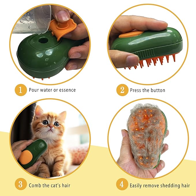 3 in 1 Self-Cleaning Steam Brush for Cats, Dogs, and Pets - Grooming Tool for Removing Tangled and Loose Fur (Green Avocado)