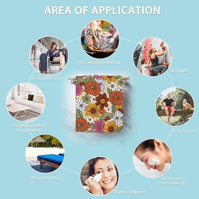 2 Pack Hand Bath Towel,70s Vintage Hippies Flowers Fingertip Towel Bathtub Decorative Bath Towel Bathroom Kitchen Towel Set Highly Absorbent SPA Gym Towels 14x28 Inch