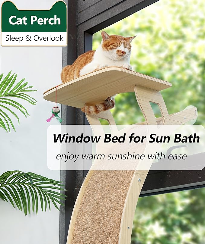 Cat Window Perch with Scratcher Ramp, 48" Climbing Tree Suctions Cups to Window Maximum Hold Up to 45lb, Wood Window Shelf for Small Medium Indoor Cats