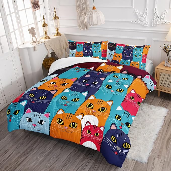 Axolotl Kids Cat Bedding Set, Twin Size, 3 Pcs (1 Comforter + 2 Pillow Cases), Multicolor, Cat Pattern