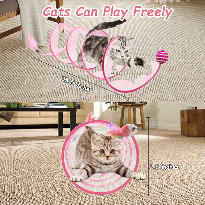 2 Packs Folded Cats Tunnel, Cats Tunnels Toy for Indoor Cats Collapsible Tubes Plays Tunnel Spring Exercise Pet Tunnel Bed Interactive with Toys Feather Mouse Attract Kitten Pink