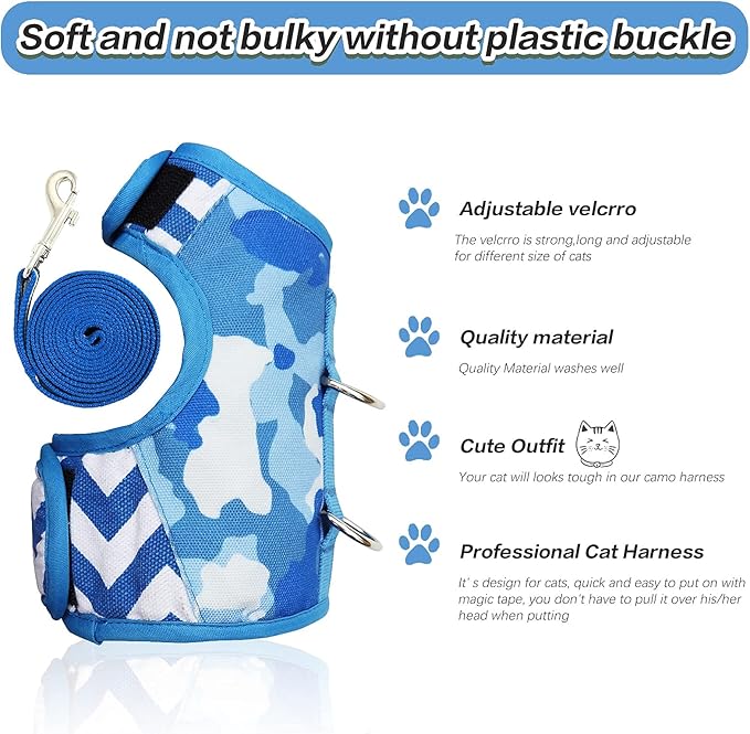 Cat Harness and Leash for Walking Escape Proof, Adjustable Cat Vest Harness, Padded Stylish Cat Walking Jackets, Blue Camo, X-Small