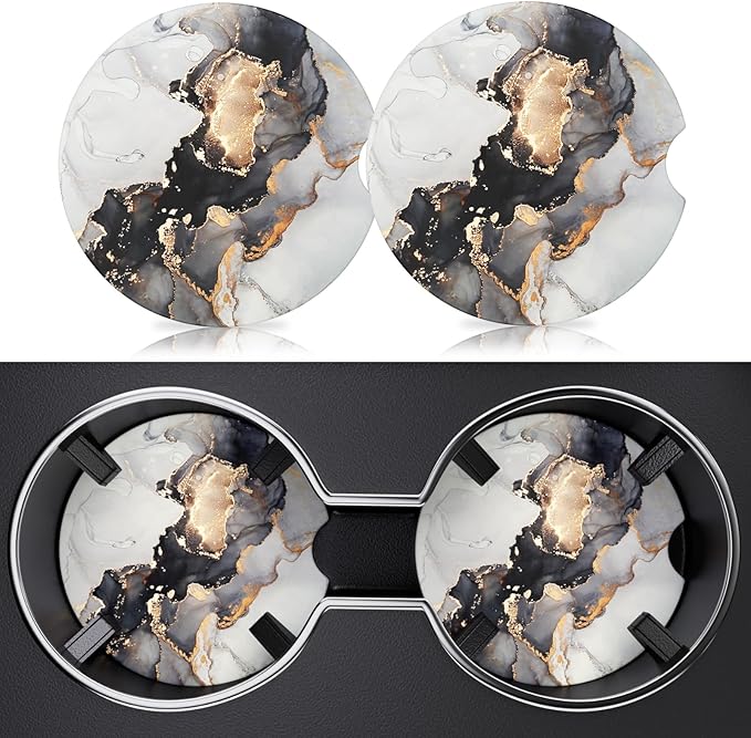 2 Pack Car Cup Holder Coaster, 2.63 inch Anti Slip Insert Absorbent Ceramic Car Coaster with Cork Base and Finger Notch, Cute Car Accessories Interior for Women, Cute Car Coasters., CH0025