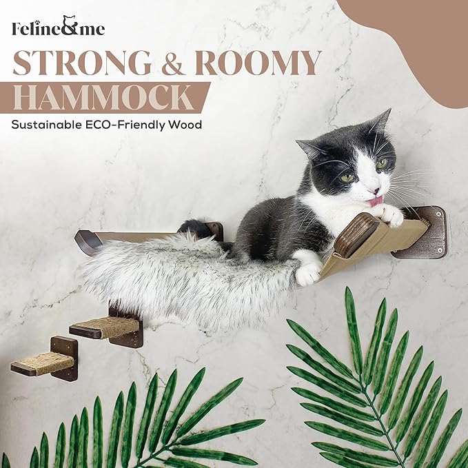Cat Wall Hammock with Plush Cushion and Two Steps - Cat Wall Shelves Set and Perches for Playing, Climbing, and Sleeping - Wooden Cat Wall Bed - Cat Shelves for Wall Large Cats Set
