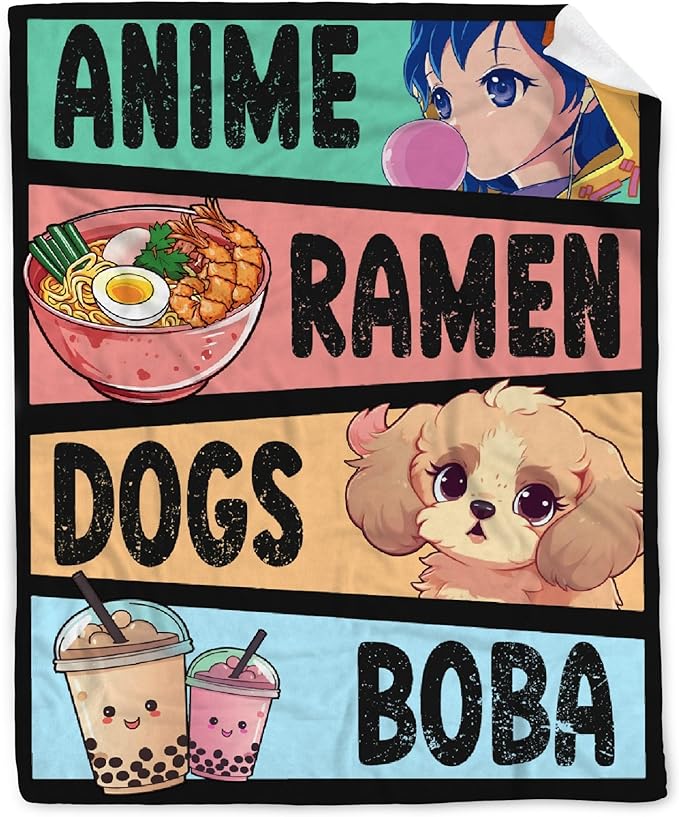 Anime Blanket Gifts for Girls - Kawaii Decor for Women, Ramen Dogs Boba Flannel Blanket - Luxurious Warm and Cozy XL 90x120 Inch for Family
