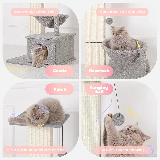 Small Cat Tree, 31 Inches Tall Cat Scratching Post with Perch & Condo & Hammock, Natural Woven Sisal Cat Post Sctacher, Kitten Scratching Posts for Indoor Cats, Cat Scratch Tower, Gray