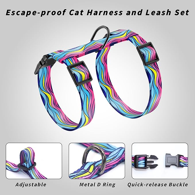 Cat Harness and Leash Set, Adjustable Kitten Harness Escape Proof Cats Harness, Soft Lightweight Walking Travel Pet Harness, Cute Kitty Harness Leash Set for Small Medium Cats, Colourful Waves