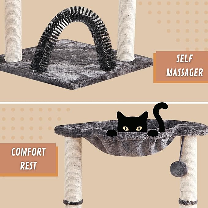 POLIPETS 19” Tall Cat Tower with Hammock,Sisal Scratching Posts and Pets Self Groomer Massager, Soft Hanging Basket Perch Hammock,Indoors Cat Furniture 16x15”, Gray