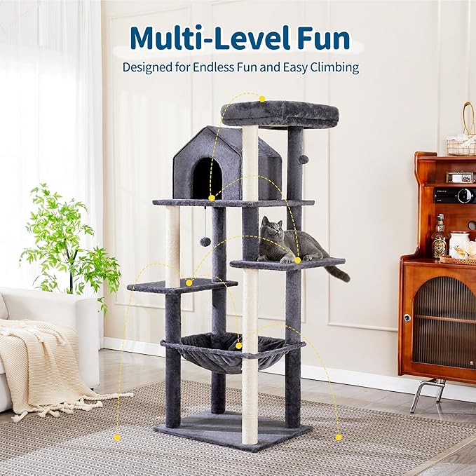Made4Pets 60 inch Cat Tower for Indoor Cats, Multi-Level Cat Tree with Plush Hammock, Cozy Cat House, Scratching Posts, Top Perch, and 2 Hanging Balls