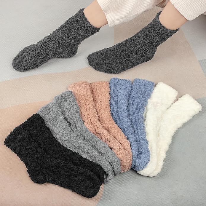 6 Pairs Womens Fuzzy Socks Winter Warm Soft Cozy Fluffy Microfiber House Sleeping Slipper Socks Christmas Gifts