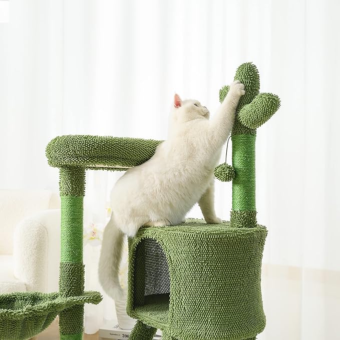 Mile High Life | Cat Scratching Post 25" with Dangling Bell | Cat Condo with Hammock and Cactus Scratching Posts Tree for Kittens | Tall Cat Climbing Stand with Premium Natural Sisal Material