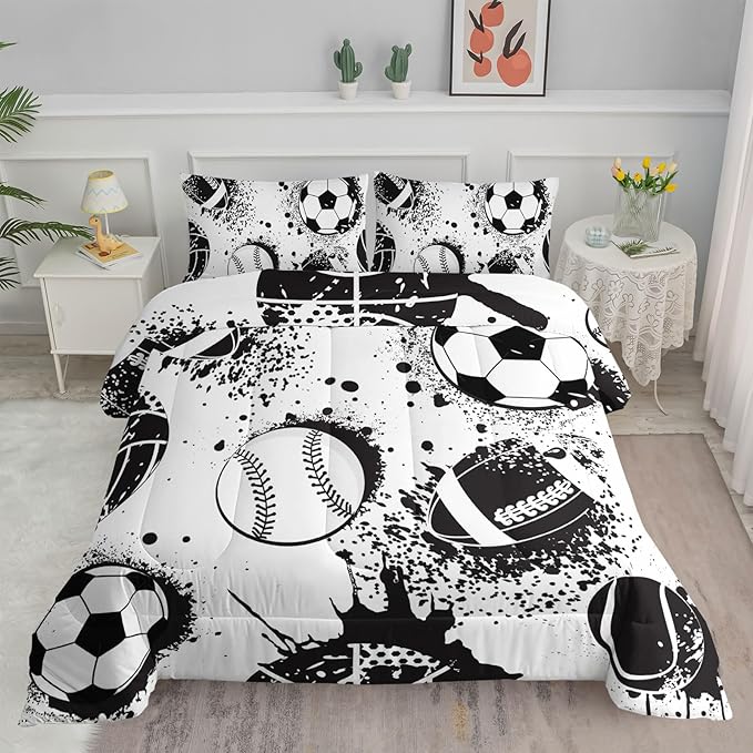 Axolotl Ball Sports Queen Comforter Set, Football Soccer Bedding, Baseball Comforter Set, Hip Hop Graffiti Artwork Bedding For Boys Kids Men, 1 Quilt 2 Pillowcases