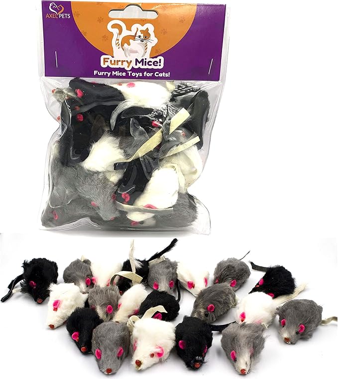 20 Furry Mice with Catnip and Rattle Sound Made of Real Rabbit Fur Interactive Catch Play Mouse Toy for Cat, Pack of 20 Mice