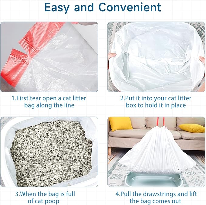 60 Pcs Cat Litter Box Liners, Large Cat Litter Bags with Drawstring, Leak Proof Cat Litter Bags Liners, Thick Cat Litter Liners, Easy Cleanup Disposable Litter Box Bags for Cats (29" x 18")