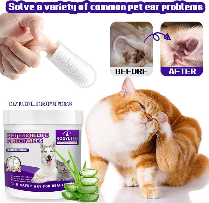 55 Count PET Ear Cleaning Finger Wipes for Dogs & Cats,Ear Cleaner Finger Wipes,Removes Dirt & Odor,Easy to Use, Natural Ingredients (Ear Cleaning Wipes)