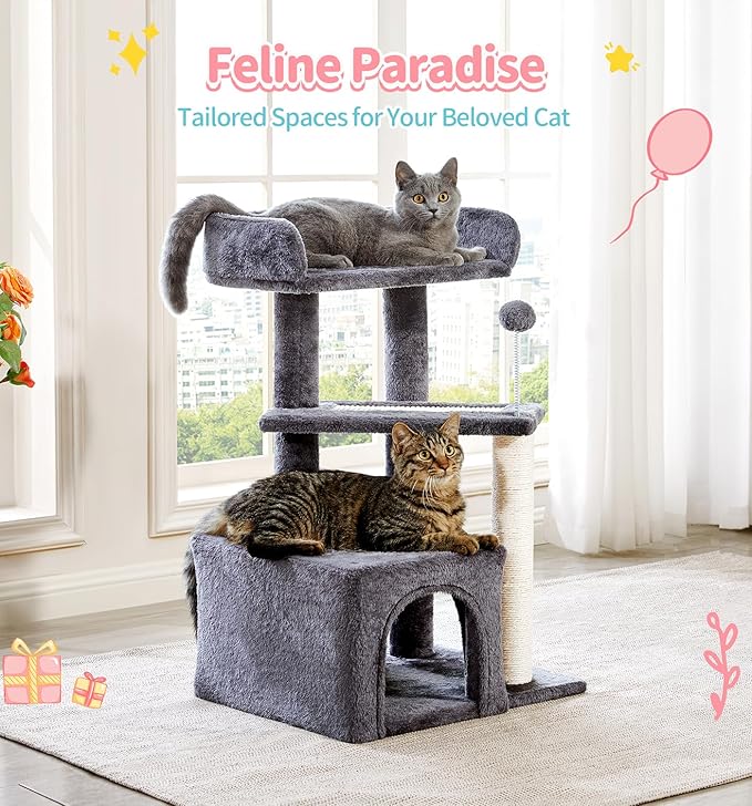 Made4Pets Cat Tree, Multi-Level Small Cat Tower for Indoor Cats, 29" Tall Cute Kitten Scratcher Condo with Sisal Scratching Post and Pad Steps, Plush Cat Cave with Pom-Pom for Small Kitty, Dark Grey