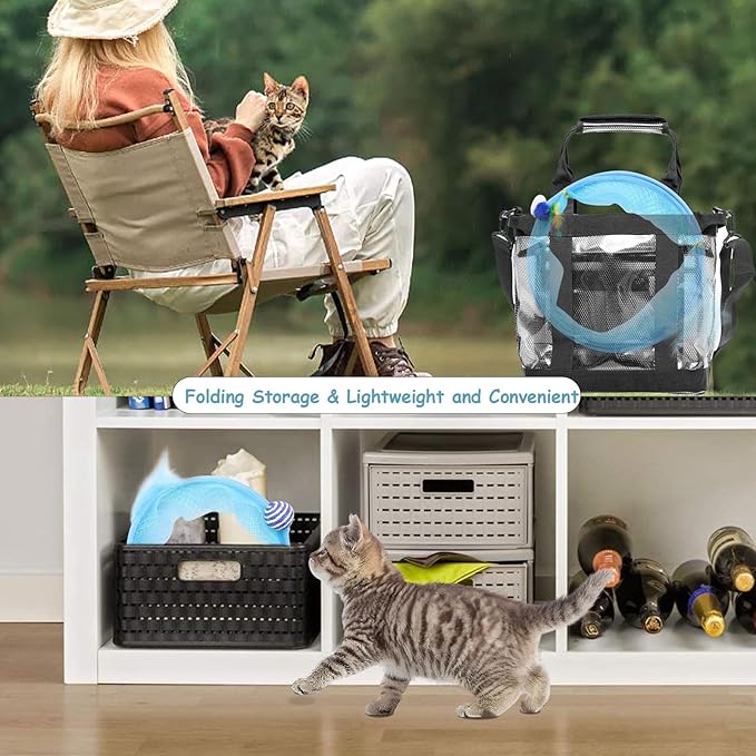 2 Packs Folded Cats Tunnel, Kitten Tunnel for Indoor Cats Collapsible Large Tubes Played Tunnel Spring Cute Foldable Pet Tunnel Bed Interactive Toy with Toys Feather Mouse Hemp Ball Blue