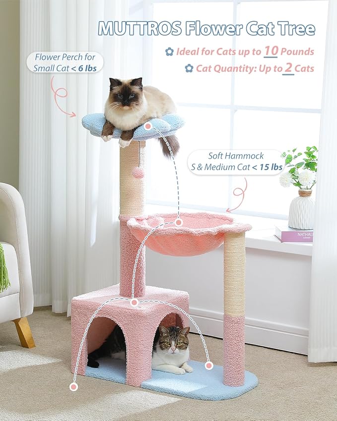 Flower Cat Tree with Large Metal Frame Hammock, 35" Pink Cat Tower with Sisal Scratching Posts for Small Indoor Cats, Cat Condo with Blue Top Perch for Kittens, Fluffy Ball, Pink