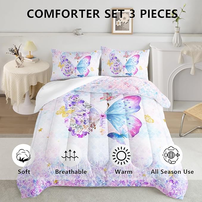 Axolotl Butterfly Bedding Queen,Rainbow Butterfly Comforter Set for Girls Teens,Butterfly Bedding for Girls with Golden Star Scales Pattern,Butterfly Printed Quilt Set with 1 Comforter 2 Pillowcases