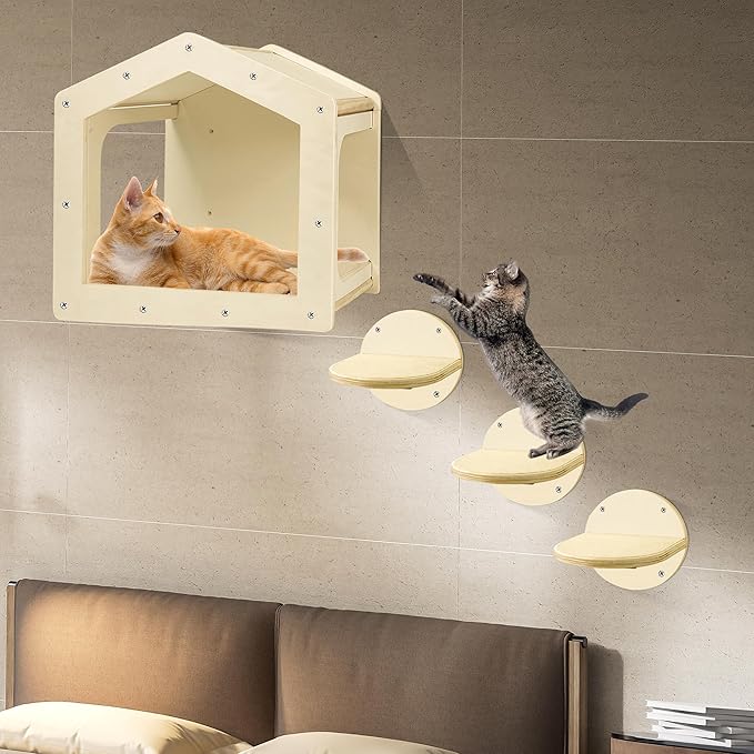Cat Wall Shelves, Cat Shelves and Perches for Wall, Cat House Fit Cat Up to 25Lbs, 1 Cat Condo House and 3 Large Cat Steps with Scratching Pad, Cat Climbing Shelf for Indoor, Cat Wall Furniture