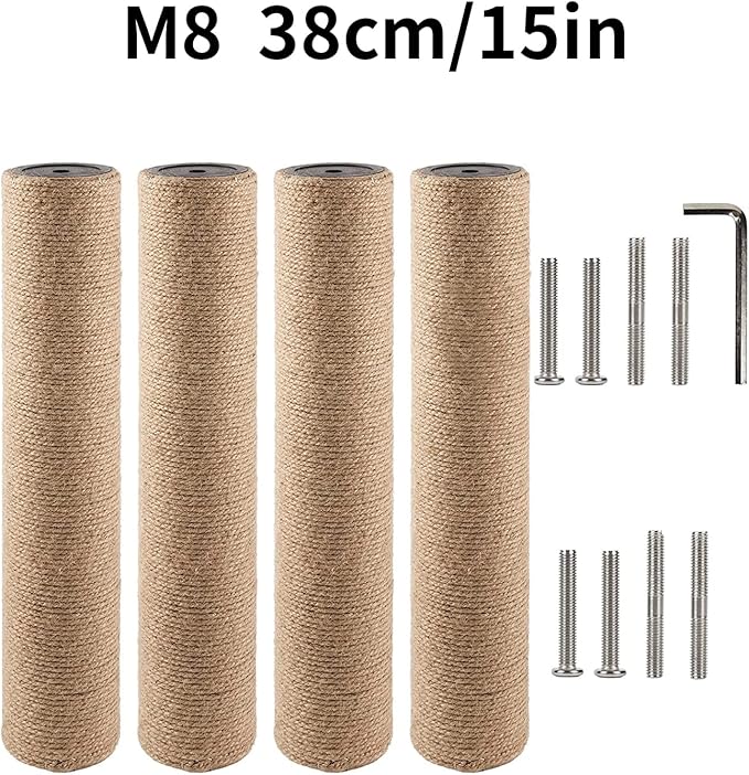 BNOSDM 4 Pcs M8 15”x2.75” Cat Tree Scratching Post Replacement Parts for Indoor Cats Tower Rope Scratch Poles Refill Jute Pole Part for Refurbishment Hemp Gray