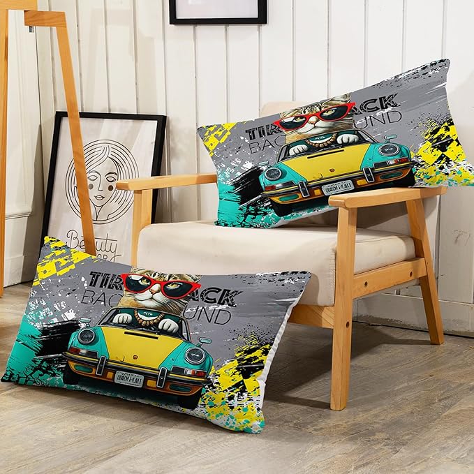 AILONEN Racer Cat Comforter Set Twin Size,Speed Racing Car Sport Bedding Set for Kids Boys,Cool Cat Hip-Hop Graffiti Printed Comforter with 2 Pillowcases,3 Piece
