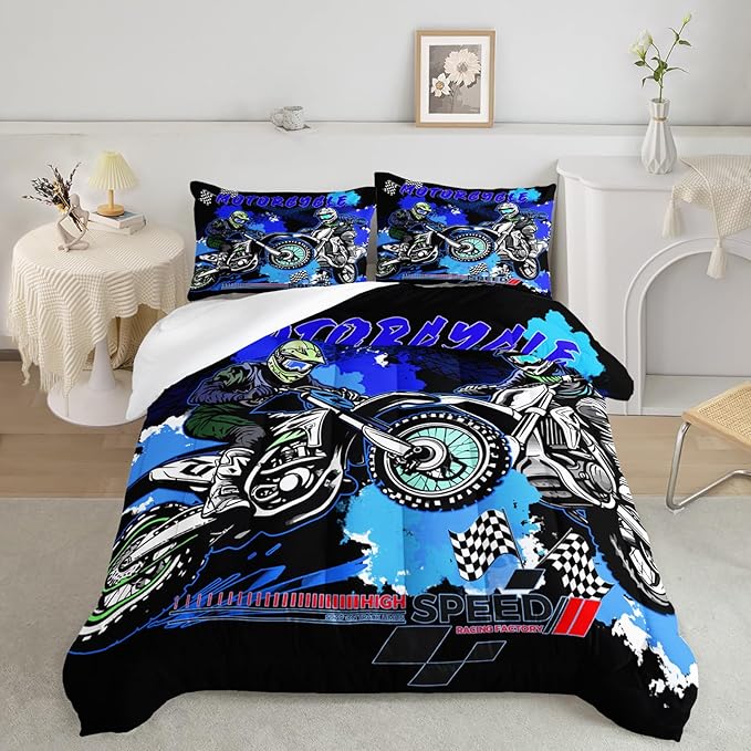 AILONEN Extreme Sport Dirt Bike Bedding Set for Kids Boys Men, Queen Size Blue Black Motocross Comforter with 2 Pillowcases,3 Pieces