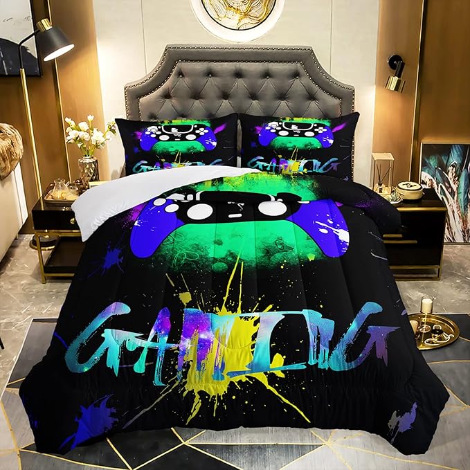 AILONEN Gamer Comforter Sets for Teen Boys, Gaming Bedding Sets Full Set,Video Game Bedspread,Game Duvet,Gamepad Bed Set,Controller Quilt Set,3 Piece 1 Comforter and 2 Pillowcases, Gamepad61