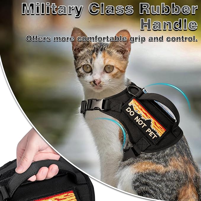 Tactical Cat Harness for Walking, Adjustable Escape Proof Pet Vest for Large Cat,Easy Control Breathable Cat Vest with Handle，Molle Patches (Black, L)