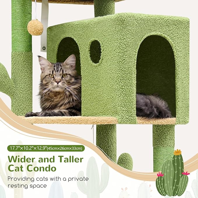 F49C Cactus Cat Tower for Indoor Cats, Cactus Series 49inch Cat Climbing Tower Cat Tree with Hammock, Scratching Post, Large Cat Condo House, Cactus Green