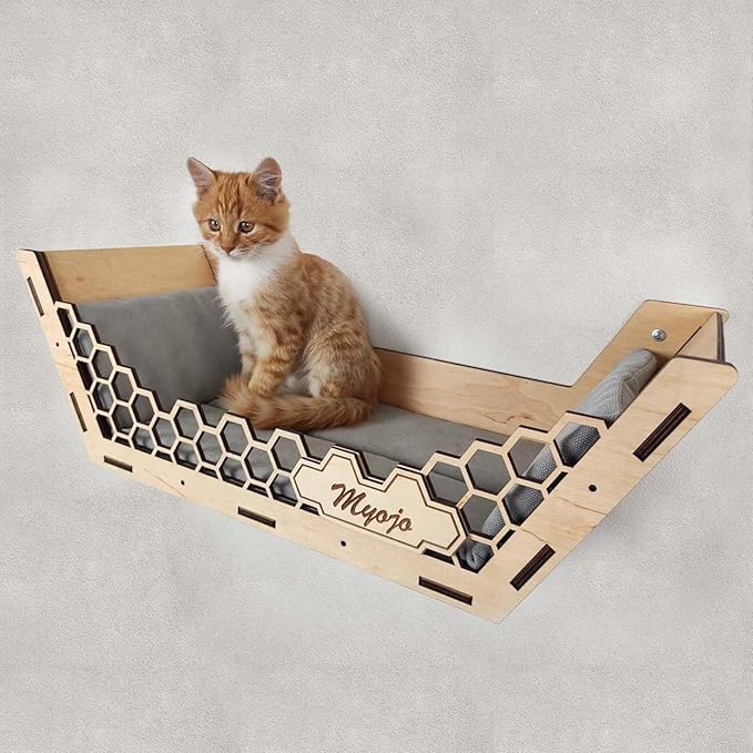 Wall Mounted Cat Shelves-Hexagon Cat Shelves and Perches for Wall Climbing-Cat Wall Furniture Set with 3 Scratching Steps and Washable Bed Mat-(Set of 1)