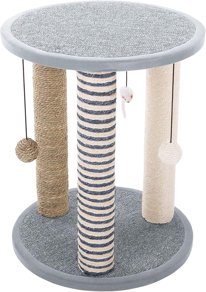 Cat Scratching Post - 3 Scratcher Posts with Carpeted Scratch Pad Base and Perch - Furniture Scratching Deterrent for Indoor Cats by PETMAKER (Gray)