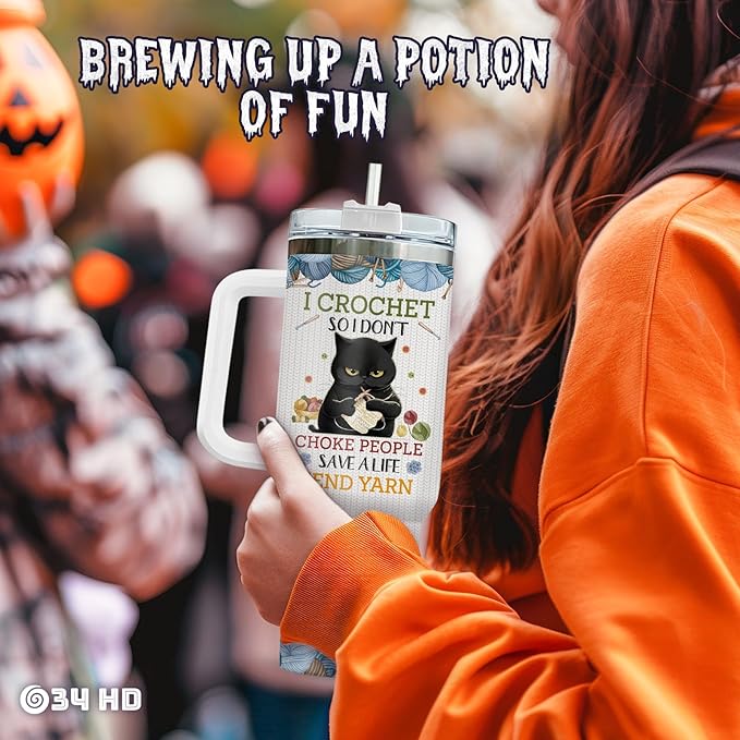 34HD Black Cat Tumbler with Handle & Straw, 40oz Vacuum Insulated Cat Coffee Cup, I Crochet So I Dont Choke People Mug, Crochet Lover Gifts for Birthday Mothers Day Christmas