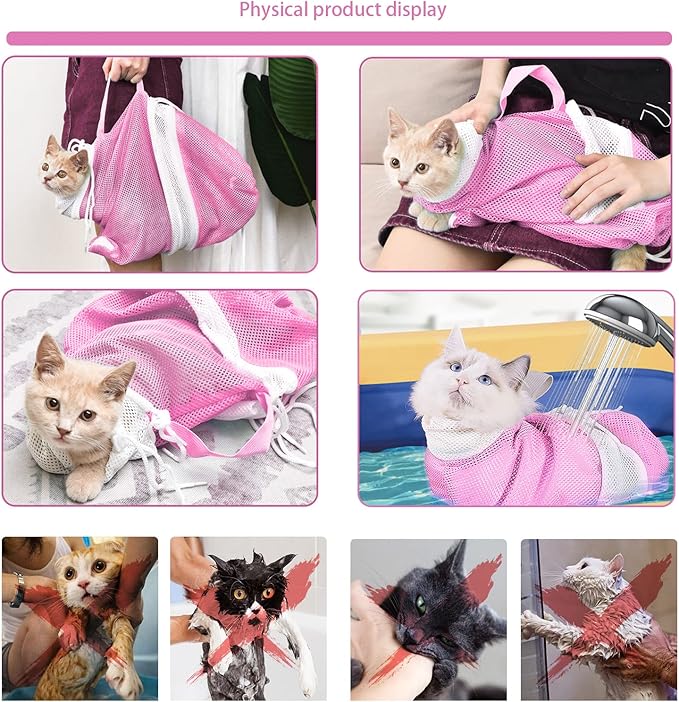 Adjustable Multifunctional Anti-Bite Shower net Bag，Cat Grooming Mesh Bag, Cat Bathing Bag，Cat Bath Brush and Pet Finger Toothbrush(B-Pink)