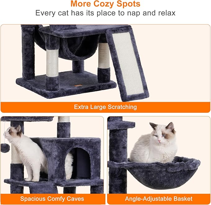 Heybly Cat Tree, Cat Tower for Indoor Cats,Multi-Level Cat Furniture Condo for Cats with Padded Plush Perch, Cozy Basket and Scratching Board Smoky Gray HCT014G