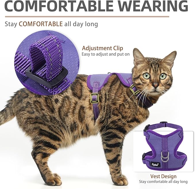 PUPTECK Cat Harness and Leash Set Escape Proof, Reflective Adjustable Soft Mesh Kitten Vest Harness for Walking Travel, Purple, M