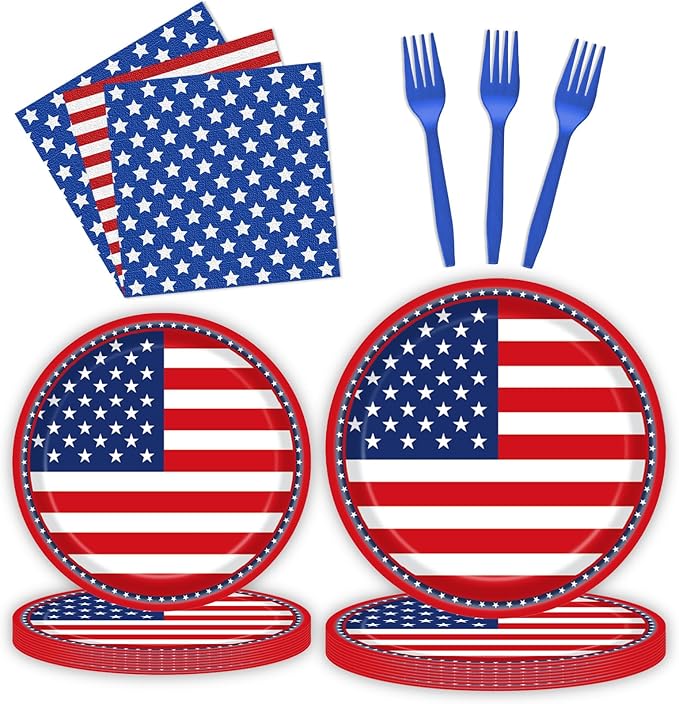 96 Pcs American Flag Patriotic Party Plates and Napkins, Forks Supplies - Disposable Tableware Paper Set for Veterans, Election, 4th of July, Independence Day Decorations, Serves 24 Guests