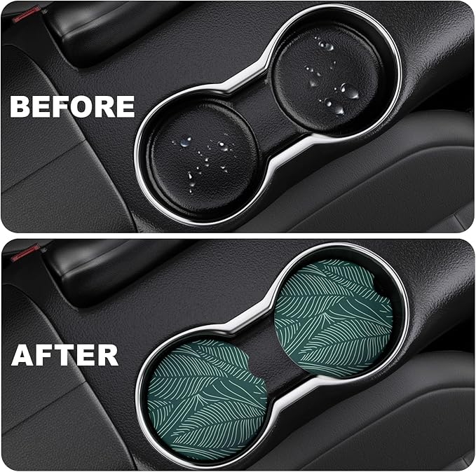 2 Pack Car Cup Holder Coasters, 2.63 inch Anti Slip Insert Absorbent Ceramic Coasters with Cork Base and Finger Notch, Cute Car Accessories Interior for Women